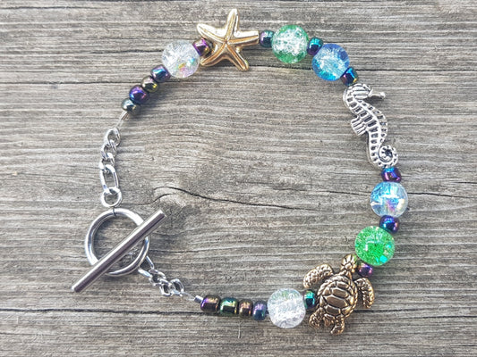 Handmade Seahorse, Starfish and Turtle Bracelet - Ocean Life Bracelet - Marine Biology Gift