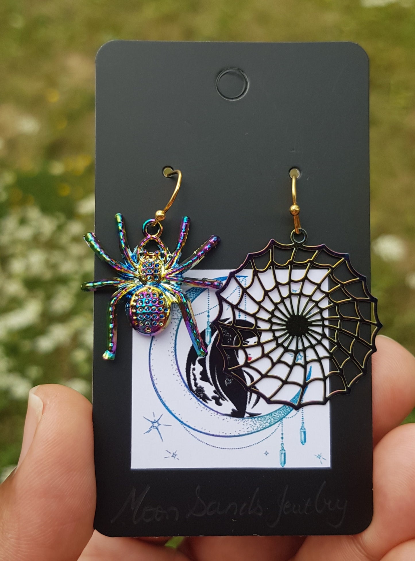 Handmade Spider and Web Earrings - Mismatched Halloween Insect Bug Earrings