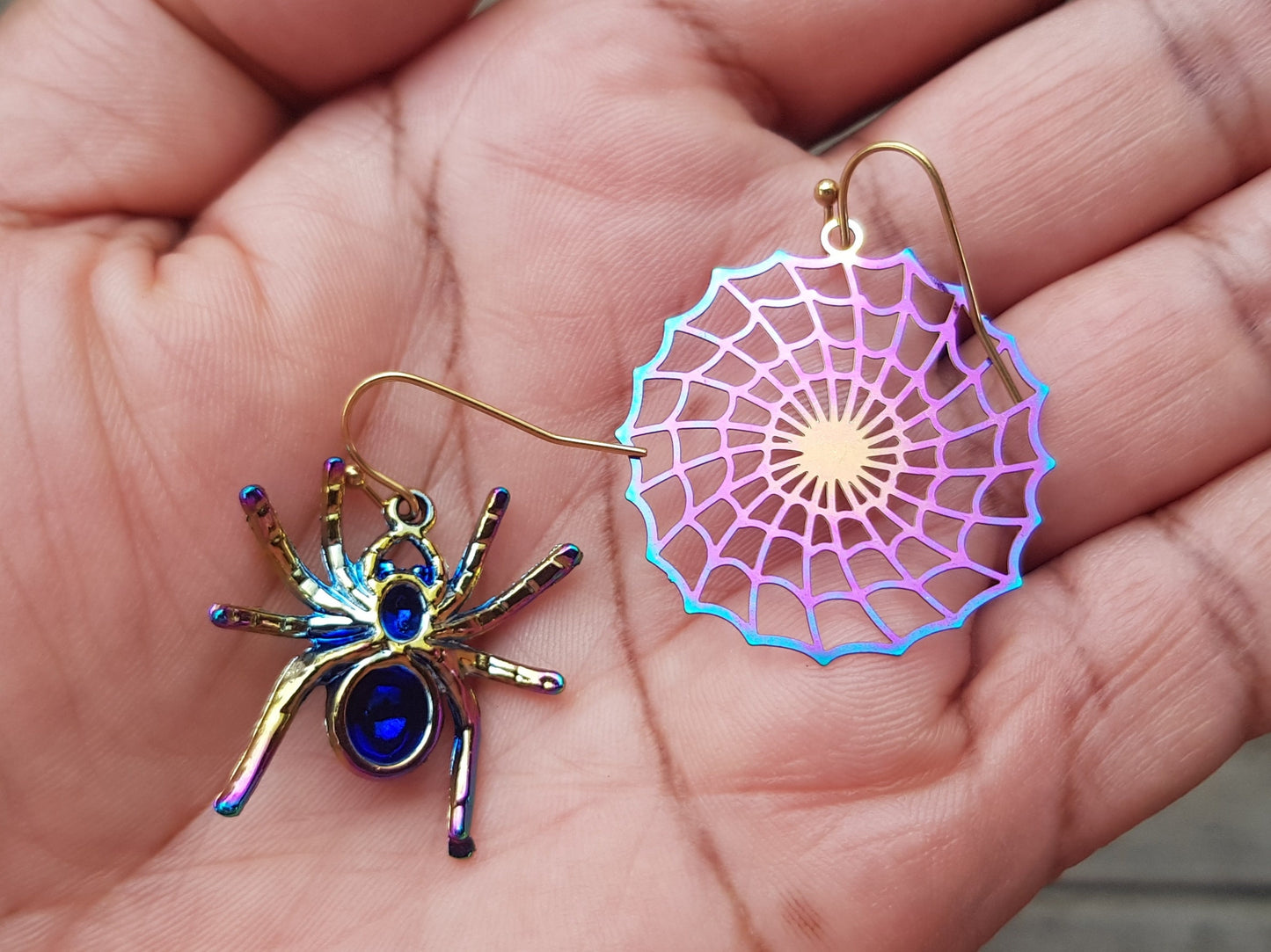 Handmade Spider and Web Earrings - Mismatched Halloween Insect Bug Earrings