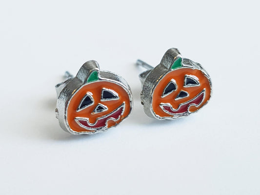 Jack O Lantern Studs - Hypoallergenic Handmade Halloween Gift - Pumpkin Halloween Earrings - Titanium or Stainless Steel Studs
