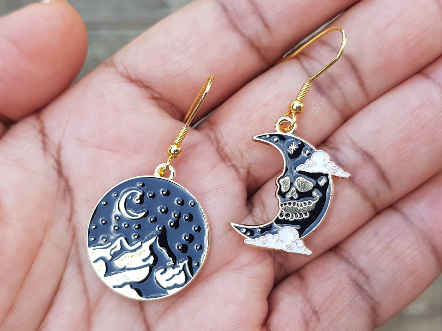 Mismatched Moon Earrings - Hypoallergenic Handmade Jewelry - Handmade Gift - Halloween Scary Evil Crescent Moon and Star Earrings