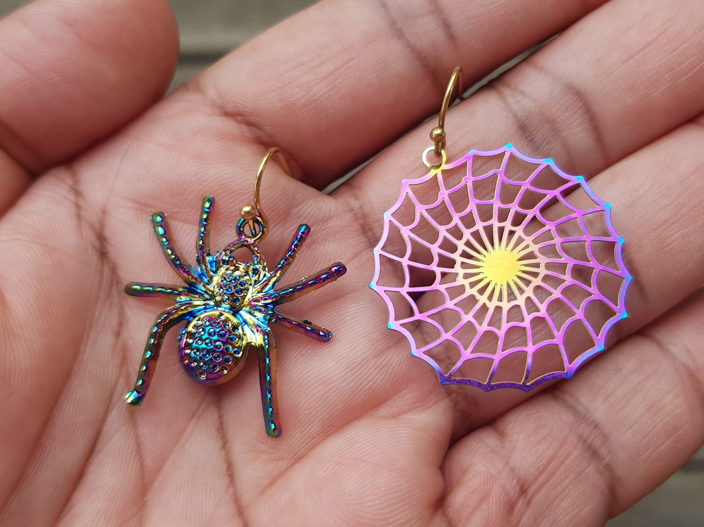 Handmade Spider and Web Earrings - Mismatched Halloween Insect Bug Earrings