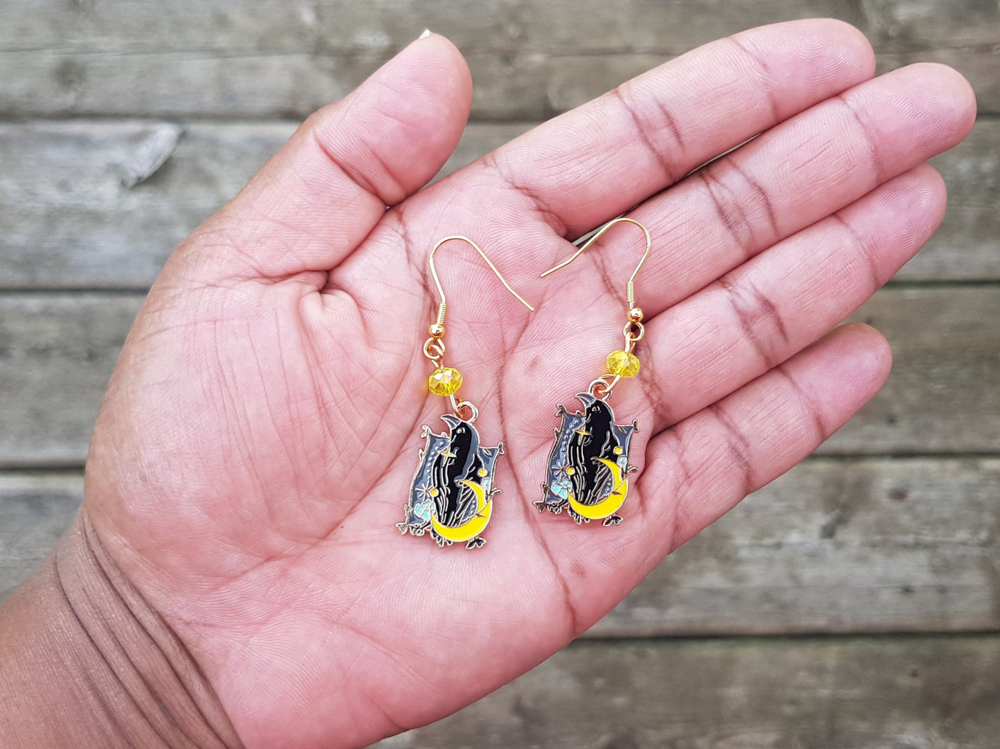 Handmade Raven Earrings - Hypoallergenic Crow Earrings - Black Bird Crescent Moon Earrings