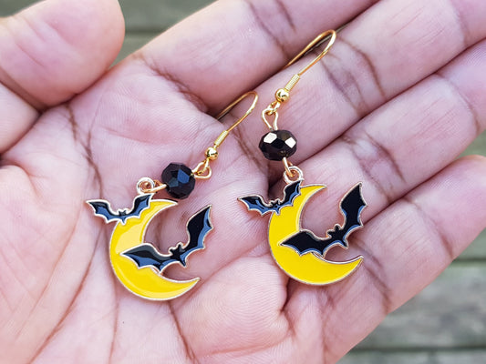 Halloween Bat Earrings - Hypoallergenic Crescent Moon Earrings - Gothic Witchy Gifts