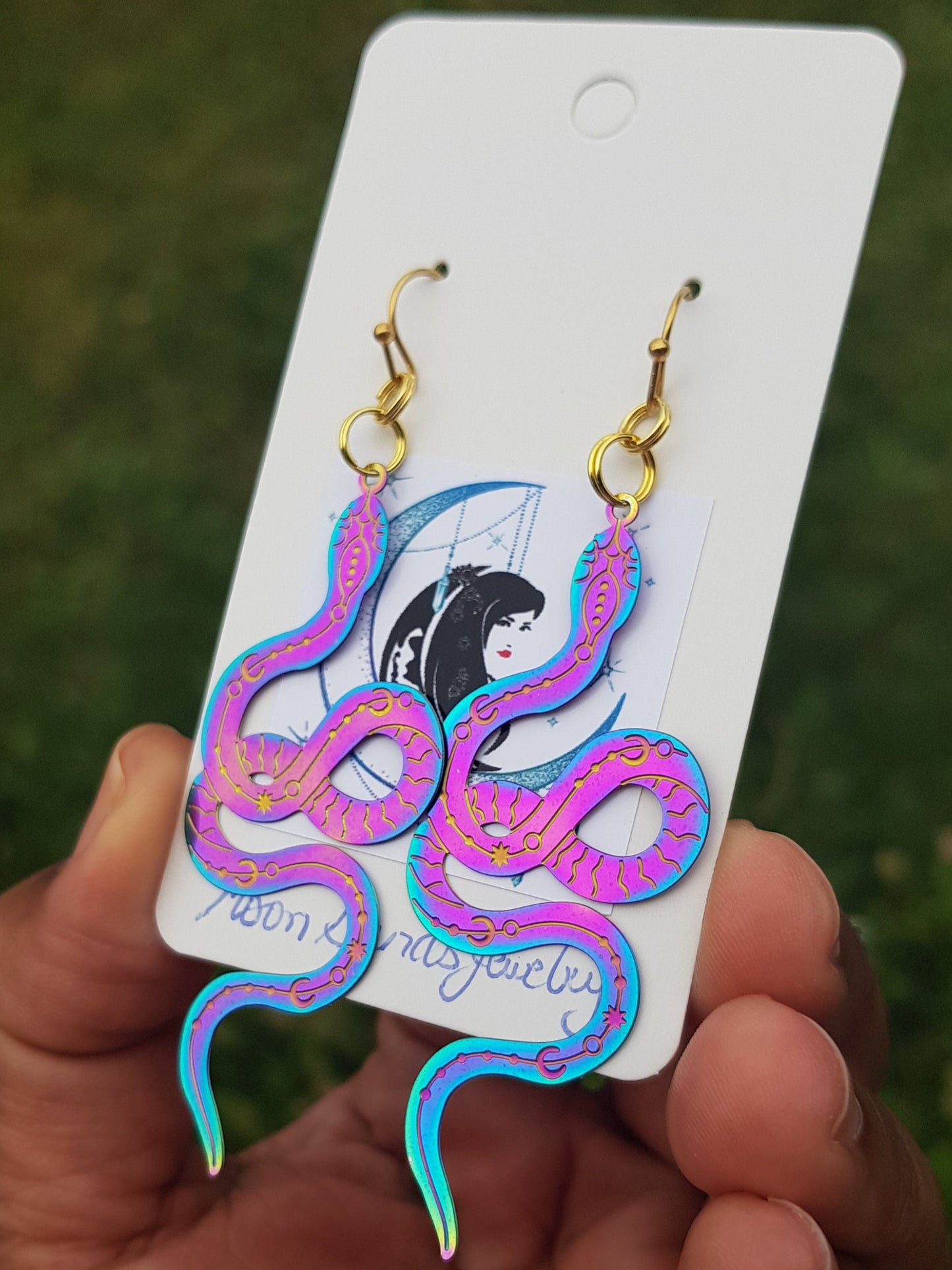 Handmade Celestial Snake Earrings - Hypoallergenic Titanium Witchy Jewelry - Moon and Star Serpent Earrings