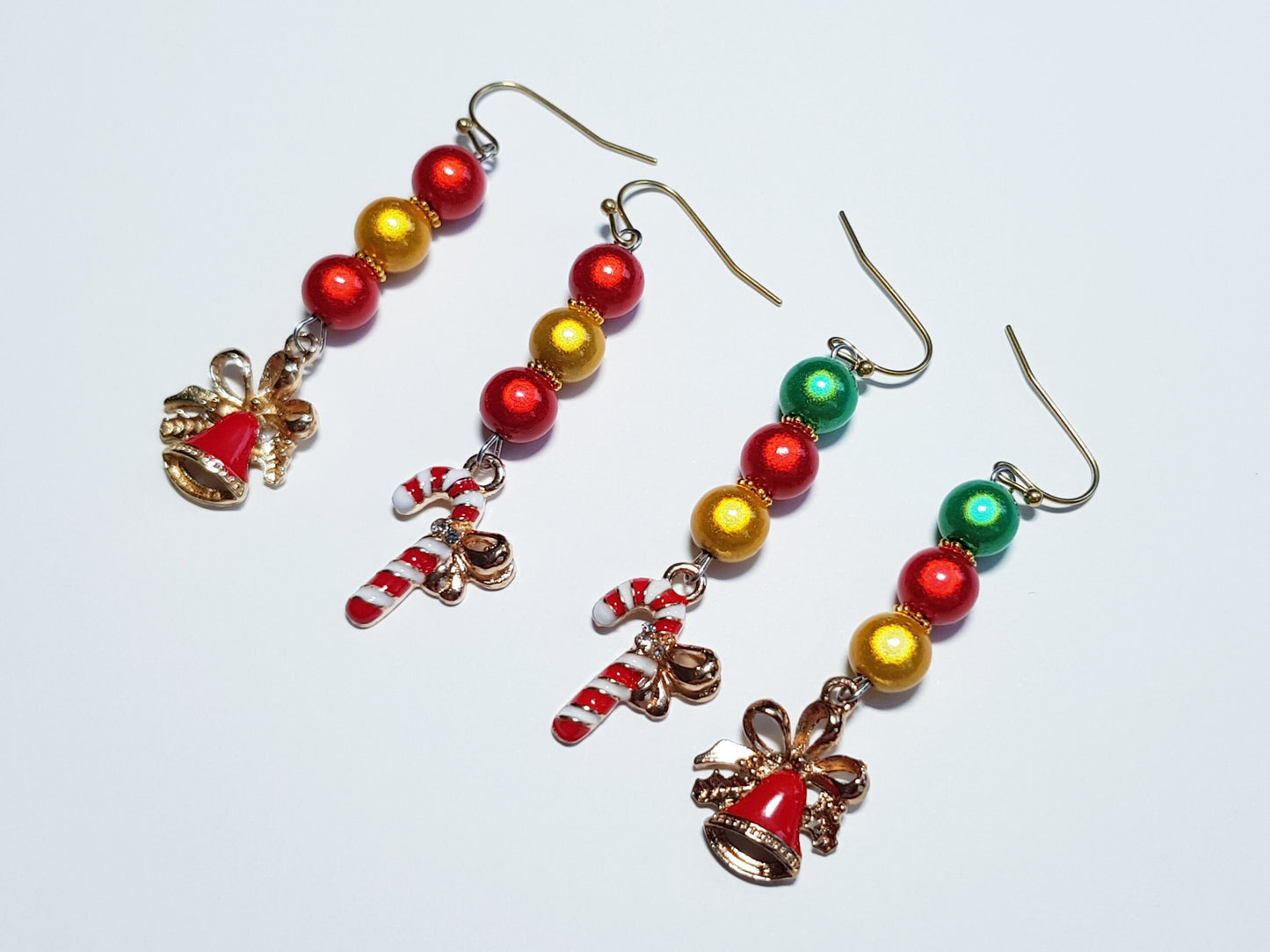 Handmade Candy Cane and Christmas Bell Earrings - Festive Mismatched Christmas Earrings