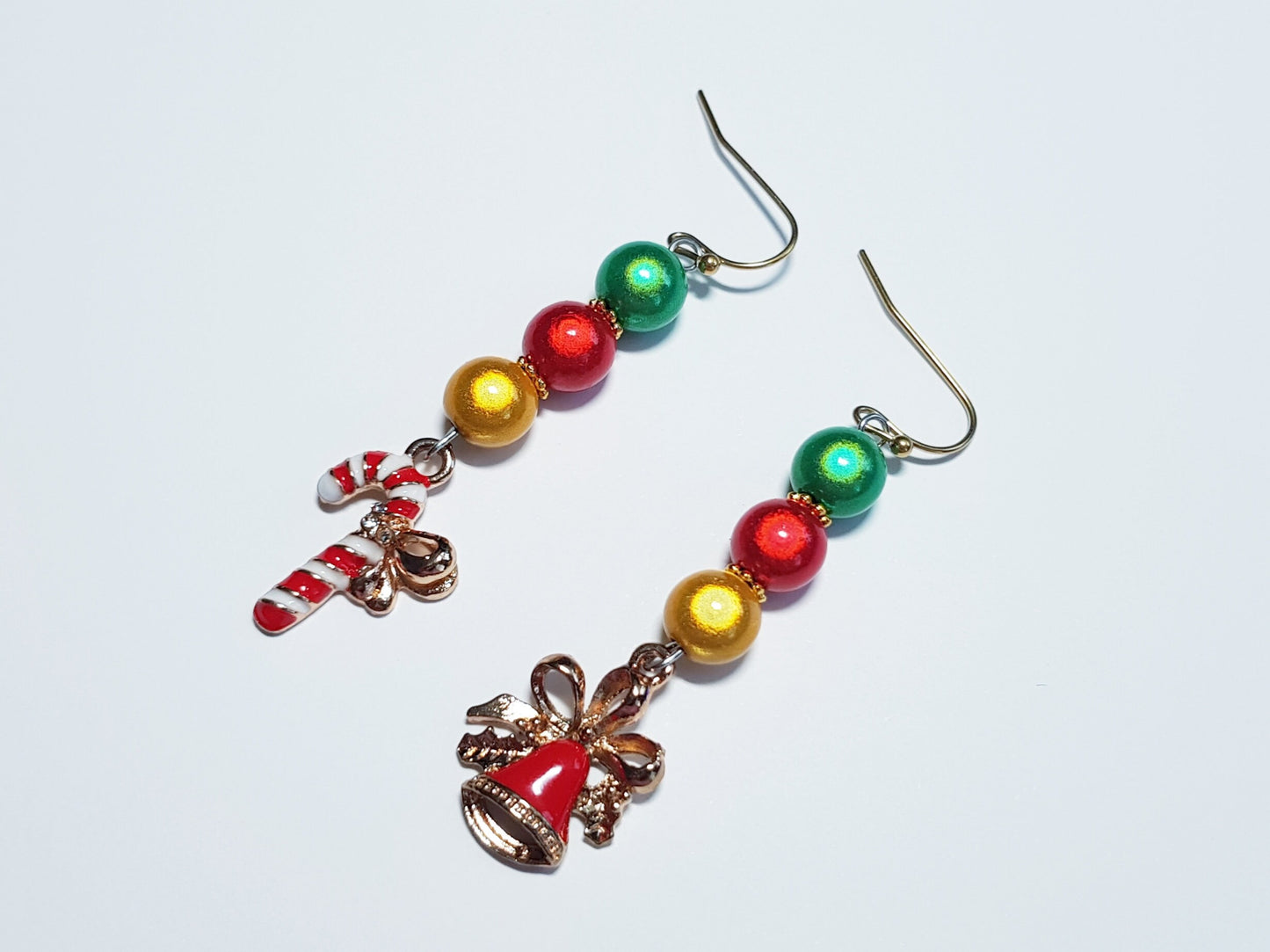 Handmade Candy Cane and Christmas Bell Earrings - Festive Mismatched Christmas Earrings