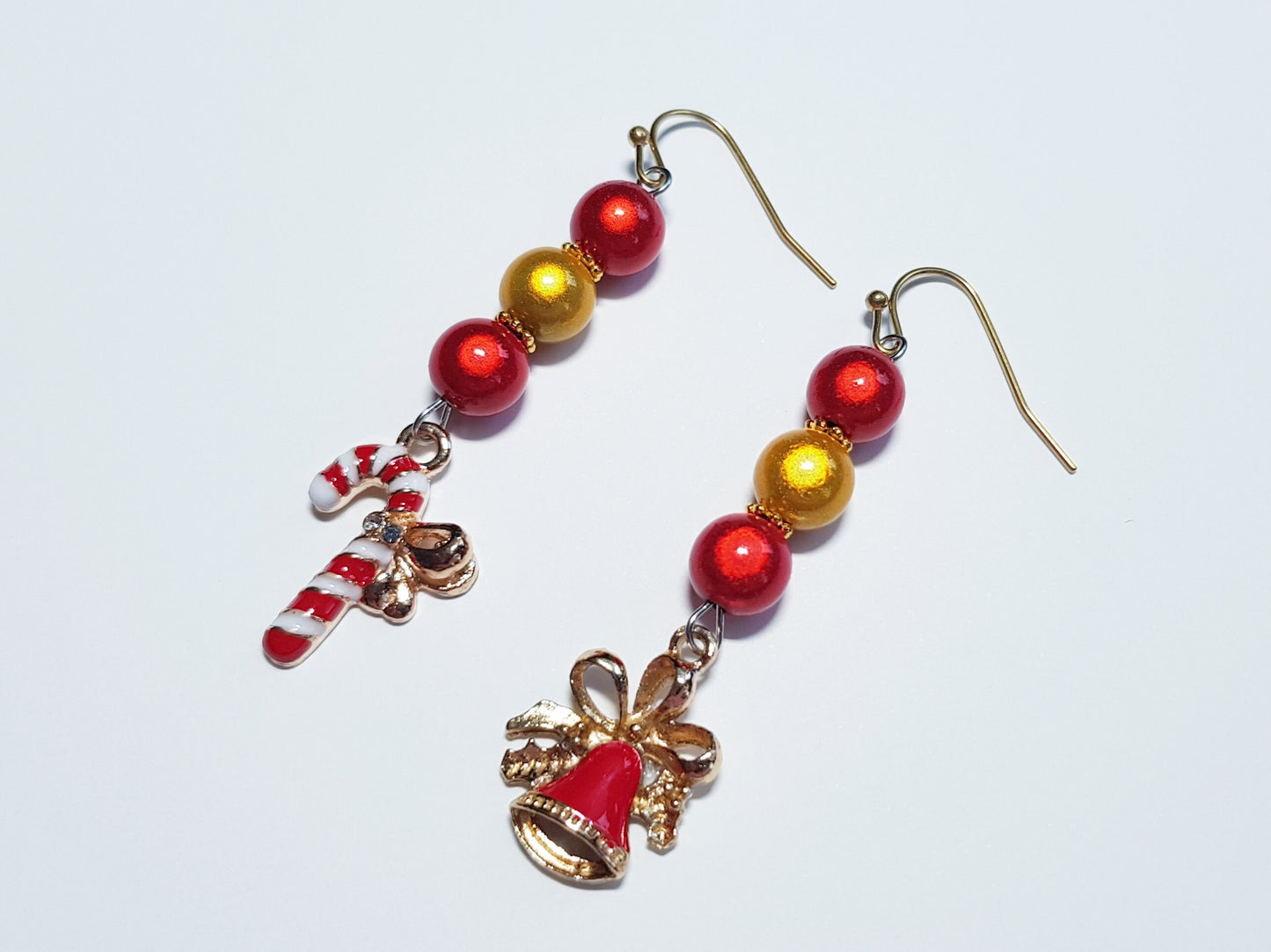 Handmade Candy Cane and Christmas Bell Earrings - Festive Mismatched Christmas Earrings