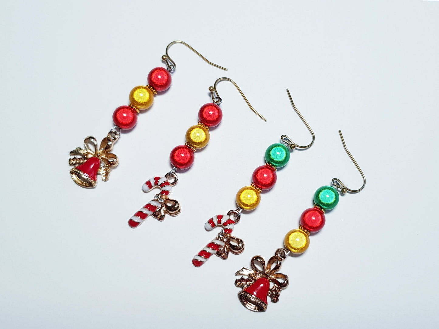 Handmade Candy Cane and Christmas Bell Earrings - Festive Mismatched Christmas Earrings