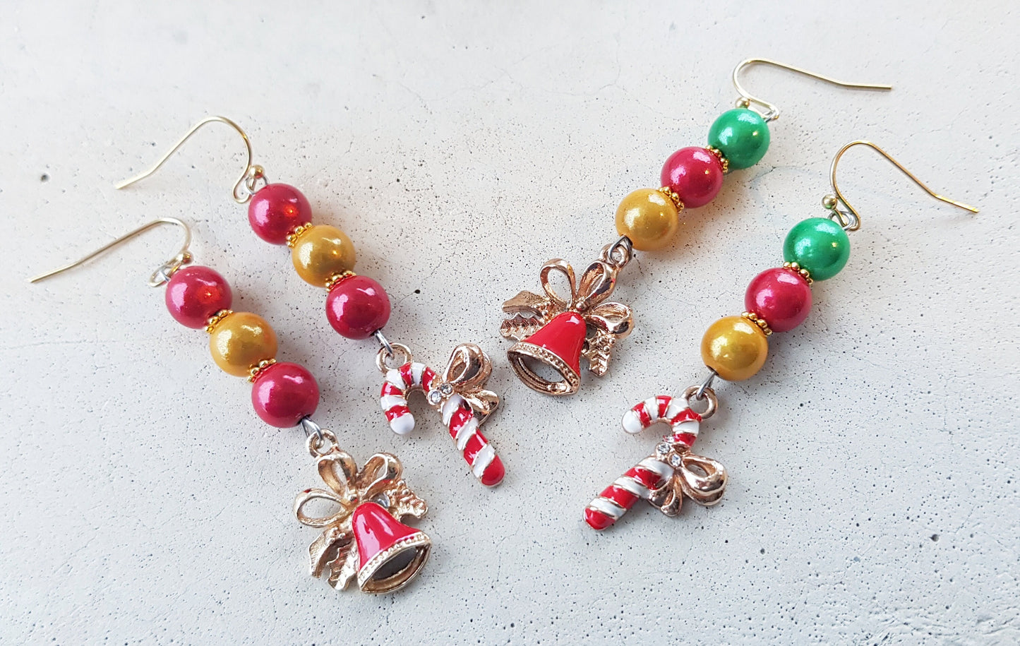 Handmade Candy Cane and Christmas Bell Earrings - Festive Mismatched Christmas Earrings