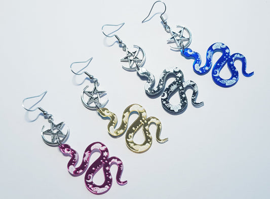 Pentagram Snake Earrings - Hypoallergenic Handmade Titanium Earrings - Moon and Star Serpent Earrings