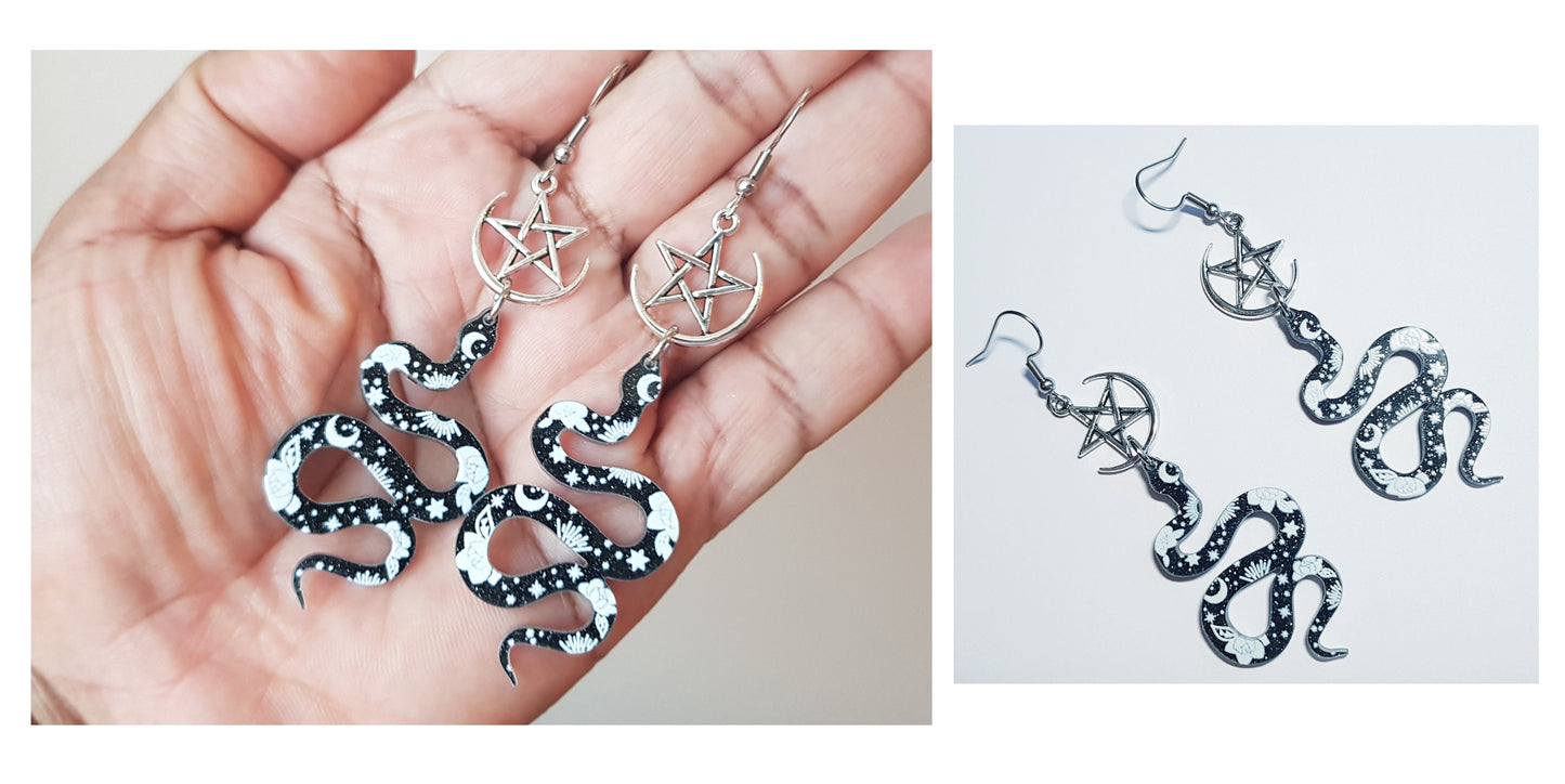 Pentagram Snake Earrings - Hypoallergenic Handmade Titanium Earrings - Moon and Star Serpent Earrings