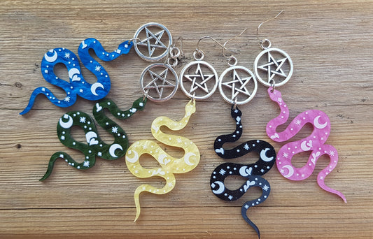 Pentagram Snake Earrings - Handmade Hypoallergenic Moon and Star Statement Earrings - Titanium and Steel Earrings - Pentacle Serpent Earrings