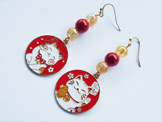 Handmade Mismatched Lucky Cat Earrings - Chinese Cat Red Earrings