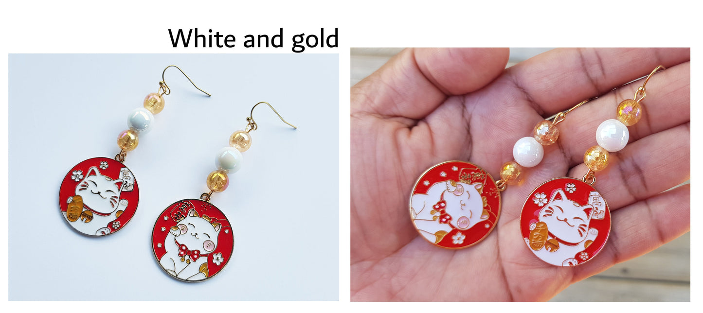 Handmade Mismatched Lucky Cat Earrings - Chinese Cat Red Earrings