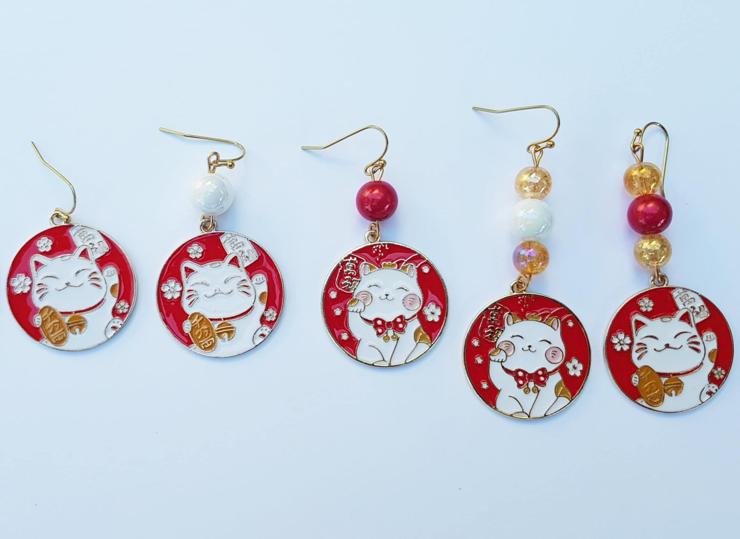 Handmade Mismatched Lucky Cat Earrings - Chinese Cat Red Earrings