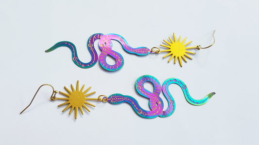 Handmade Sun Snake Earrings - Hypoallergenic Sun Earrings - Celestial Earrings - Titanium and Stainless Steel Earrings