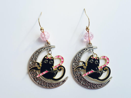 Black Cat Crescent Moon Earrings - Hypoallergenic Candy Cane Halloween Earrings