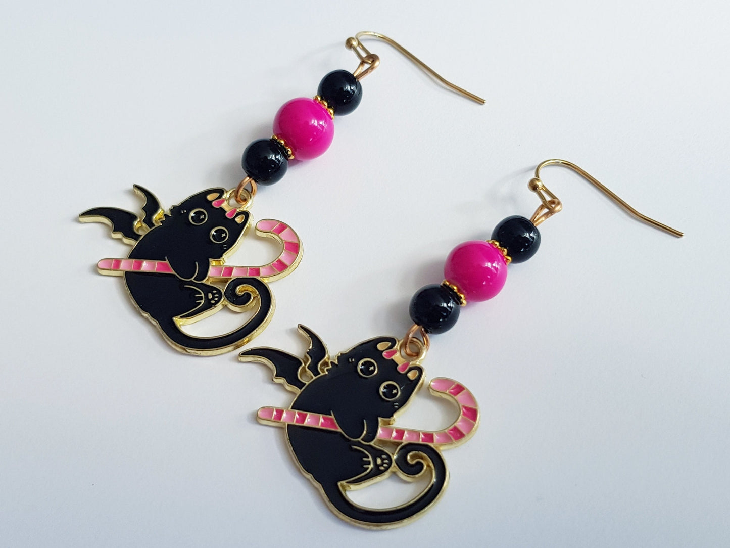 Hypoallergenic Black Cat Earrings - Handmade Halloween Candy Cane Earrings