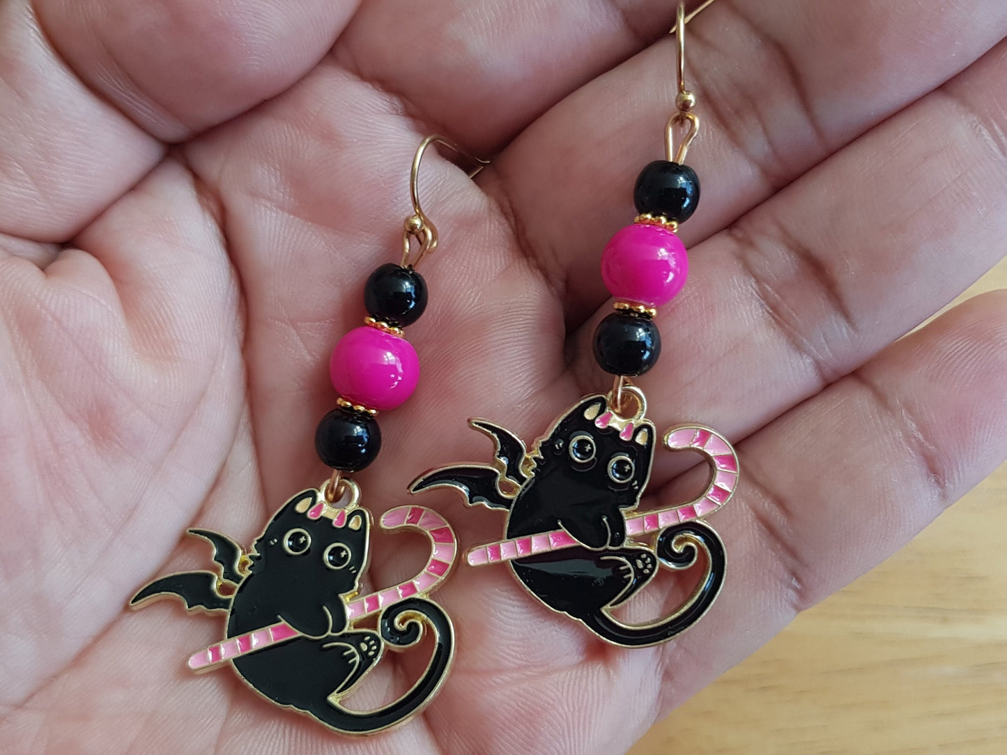 Hypoallergenic Black Cat Earrings - Handmade Halloween Candy Cane Earrings