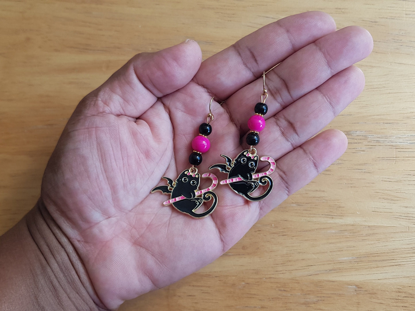 Hypoallergenic Black Cat Earrings - Handmade Halloween Candy Cane Earrings