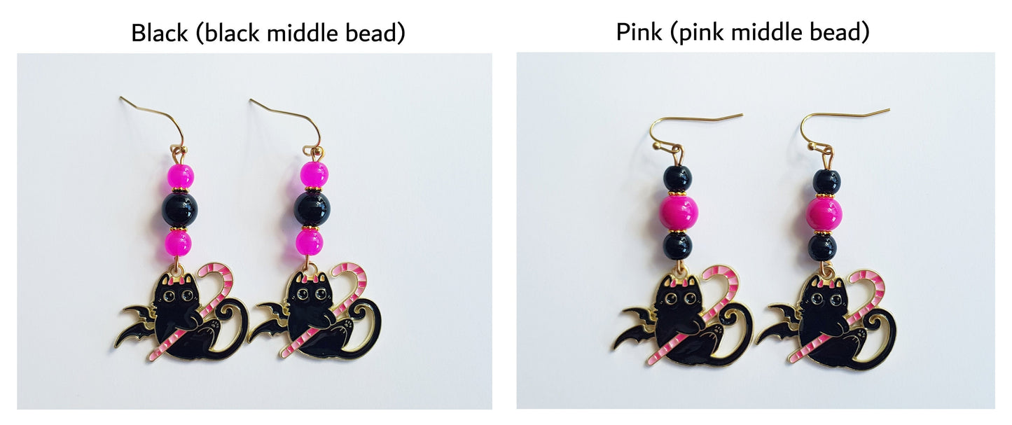 Hypoallergenic Black Cat Earrings - Handmade Halloween Candy Cane Earrings