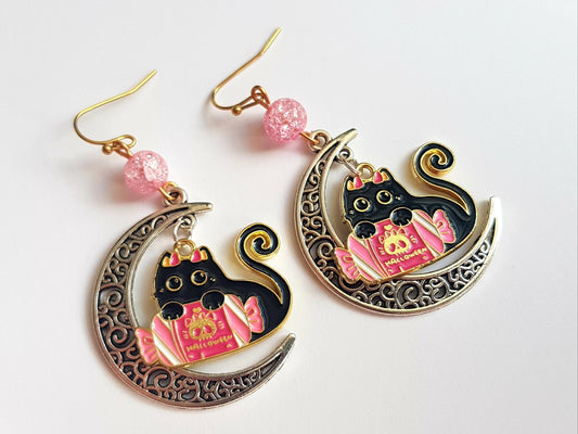 Handmade Black Cat with Candy Earrings - Hypoallergenic Witchy Crescent Moon Earrings