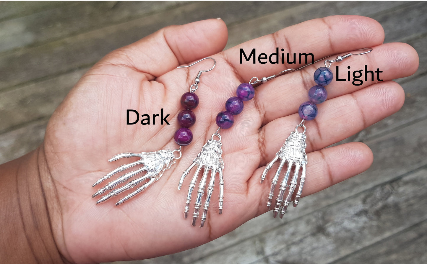 Gemstone Skeleton Hand Earrings, Hypoallergenic Handmade Gothic Halloween Earrings