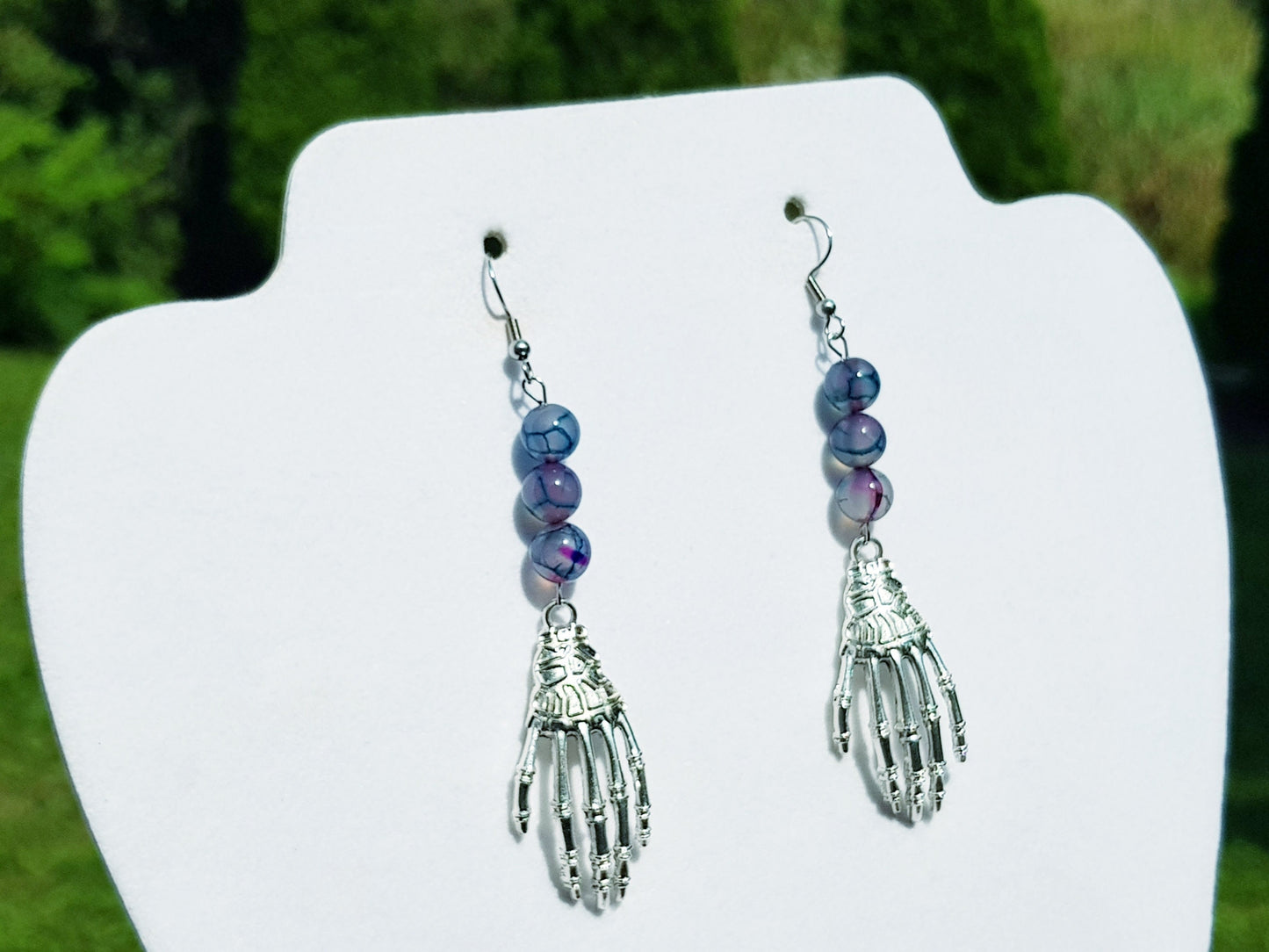 Gemstone Skeleton Hand Earrings, Hypoallergenic Handmade Gothic Halloween Earrings