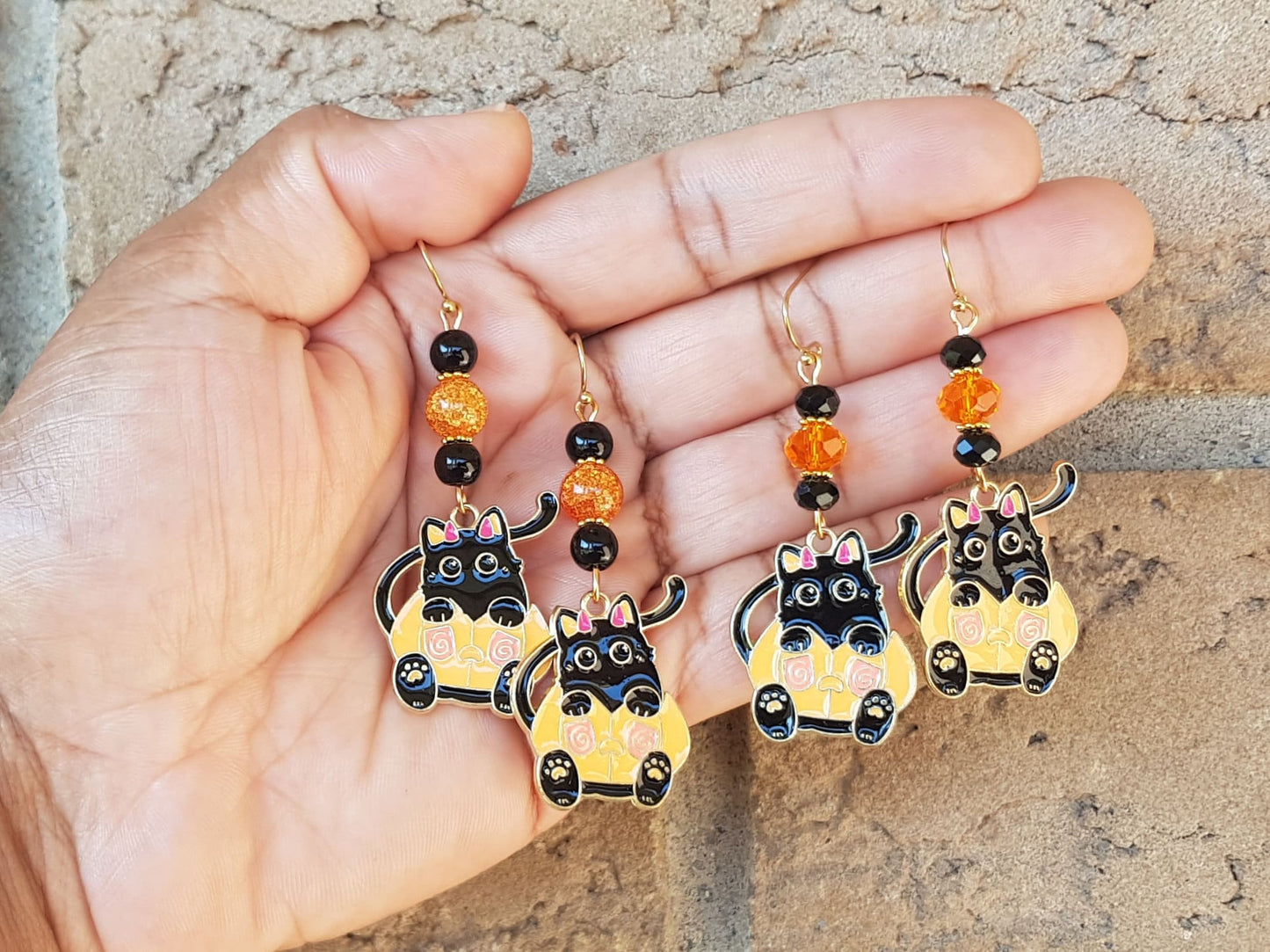 Black Cat Jack O Lantern Earrings - Hypoallergenic Halloween Gift - Pumpkin Earrings