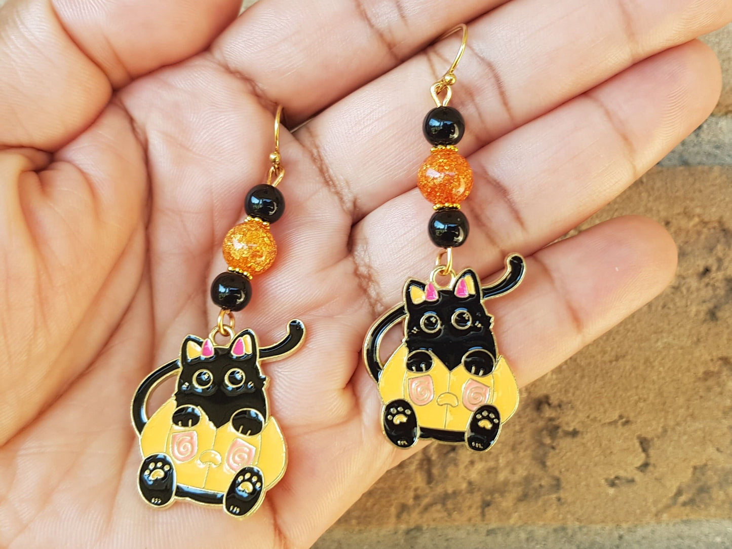 Black cat and Jack O Lantern beaded earrings with hypoallergenic ear wires