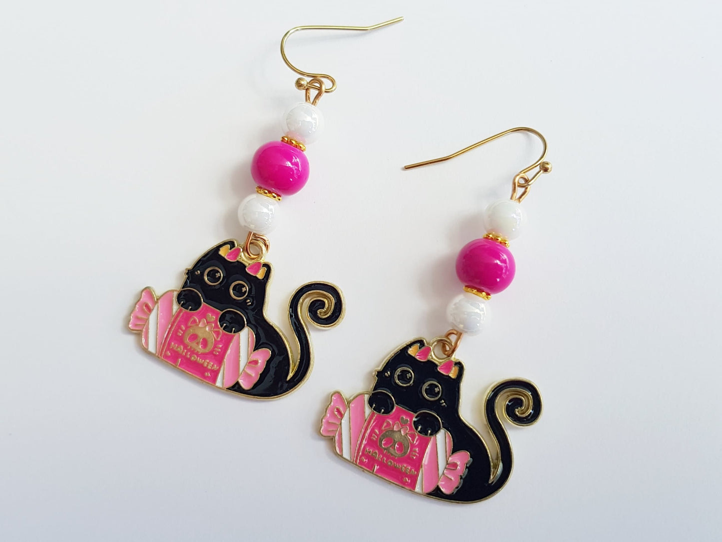 Handmade Black Cat with Candy Earrings -  Hypoallergenic Halloween Candy Earrings