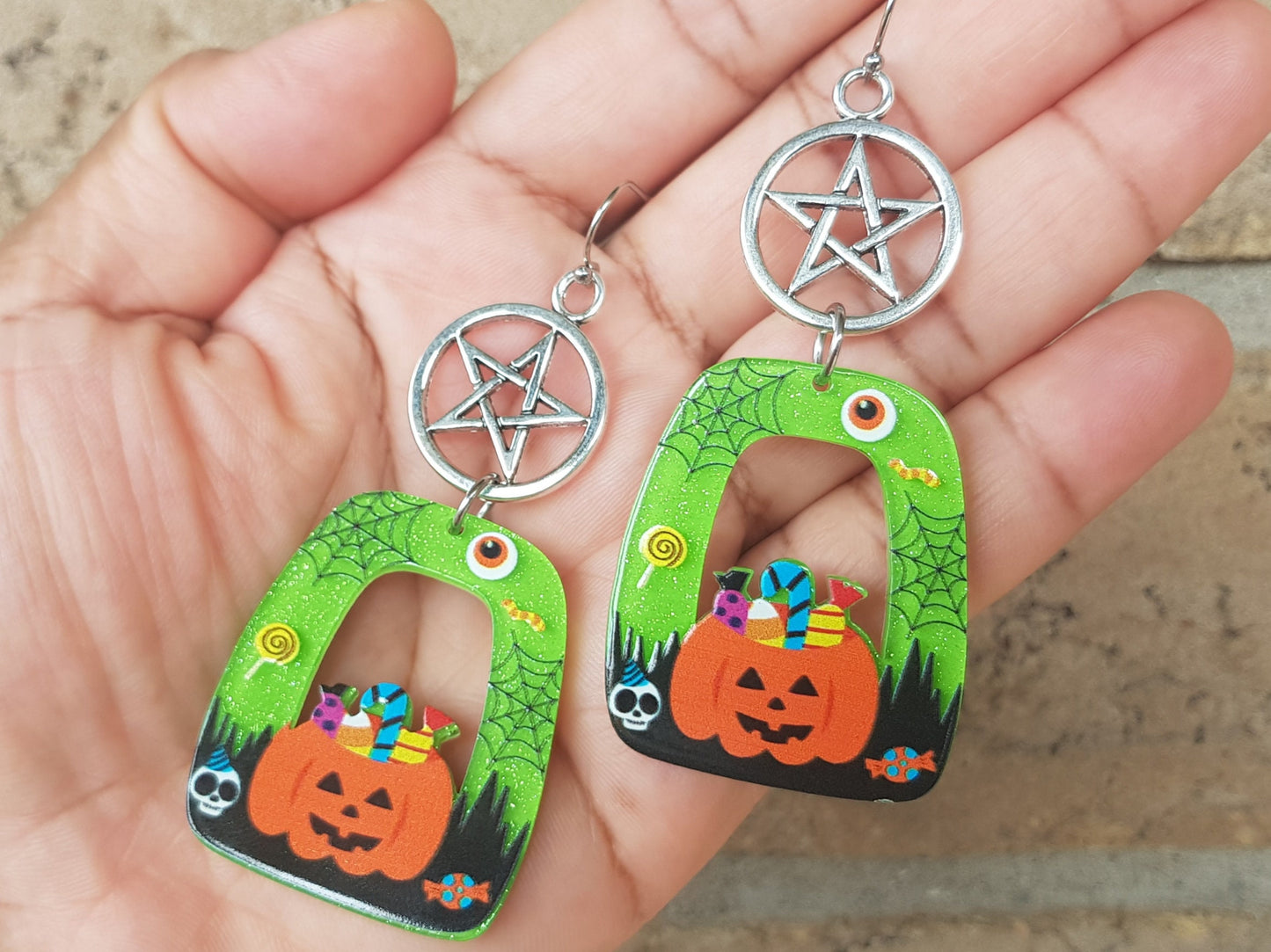 Jack O Lantern Earrings - Handmade Pentagram Earrings - Halloween Pentacle Earrings - Witchy Jewelry Wicca Gifts