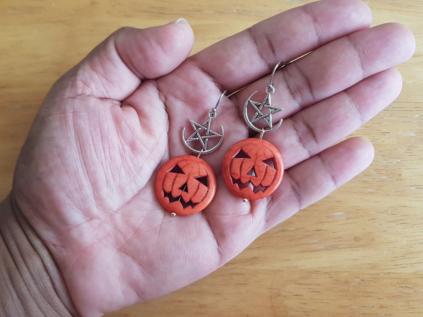 Jack O Lantern Earrings - Pentacle Pentagram Earrings - Hypoallergenic Handmade Halloween Earrings