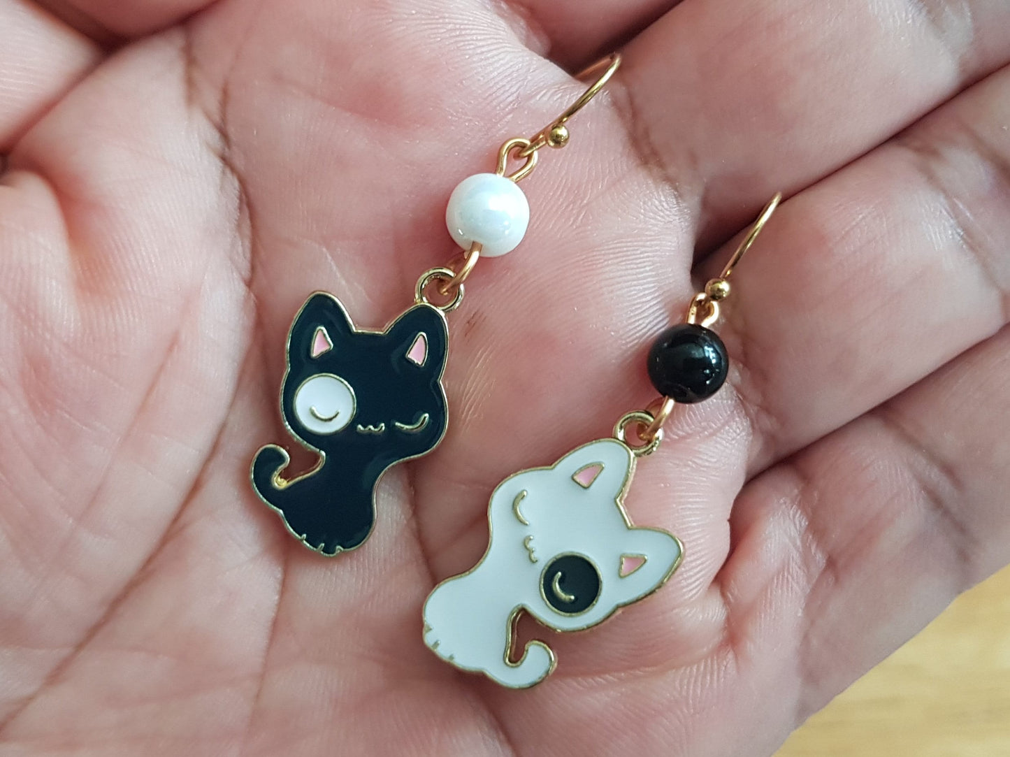 Black cat earrings. White cat earrings.