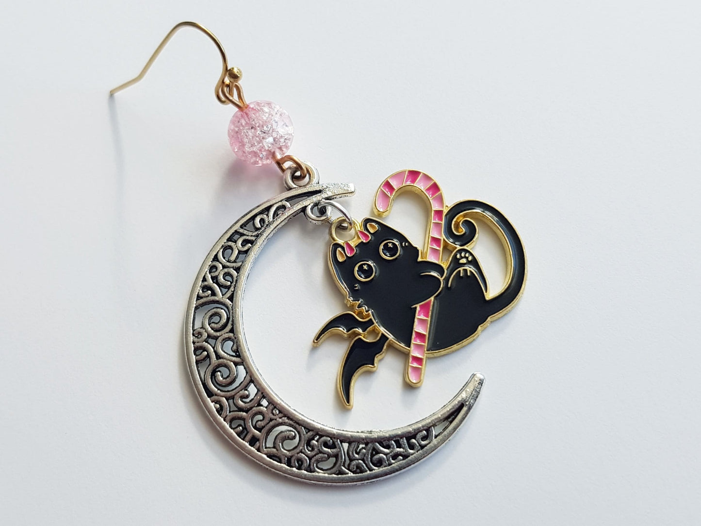 Black Cat Crescent Moon Earrings - Hypoallergenic Candy Cane Halloween Earrings