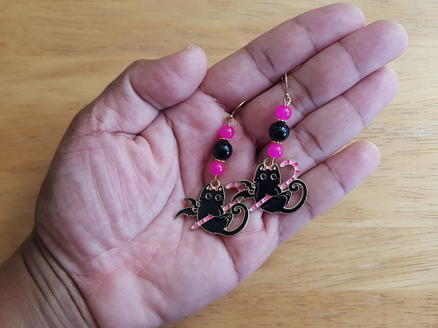 Hypoallergenic Black Cat Earrings - Handmade Halloween Candy Cane Earrings