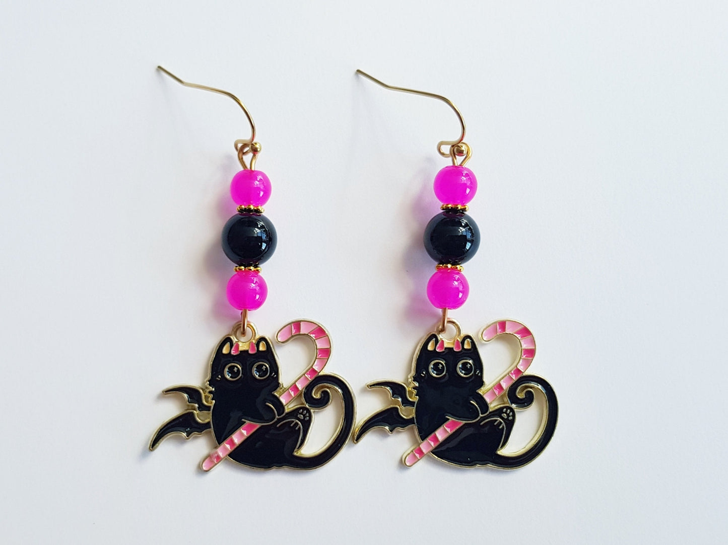 Hypoallergenic Black Cat Earrings - Handmade Halloween Candy Cane Earrings