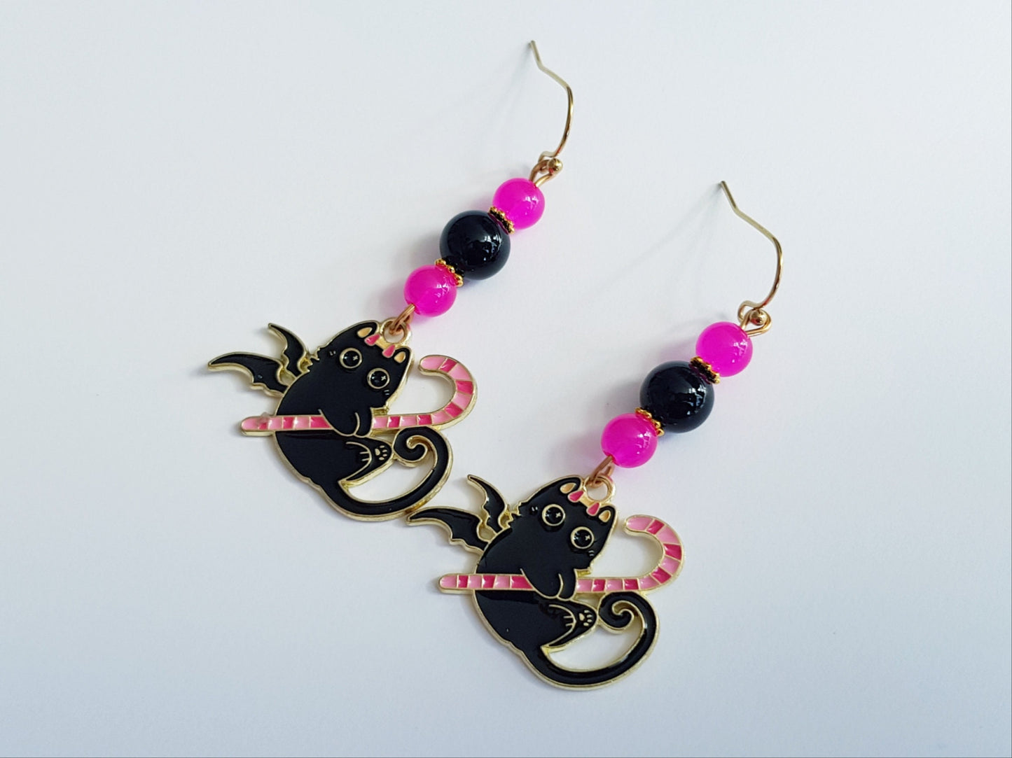 Hypoallergenic Black Cat Earrings - Handmade Halloween Candy Cane Earrings