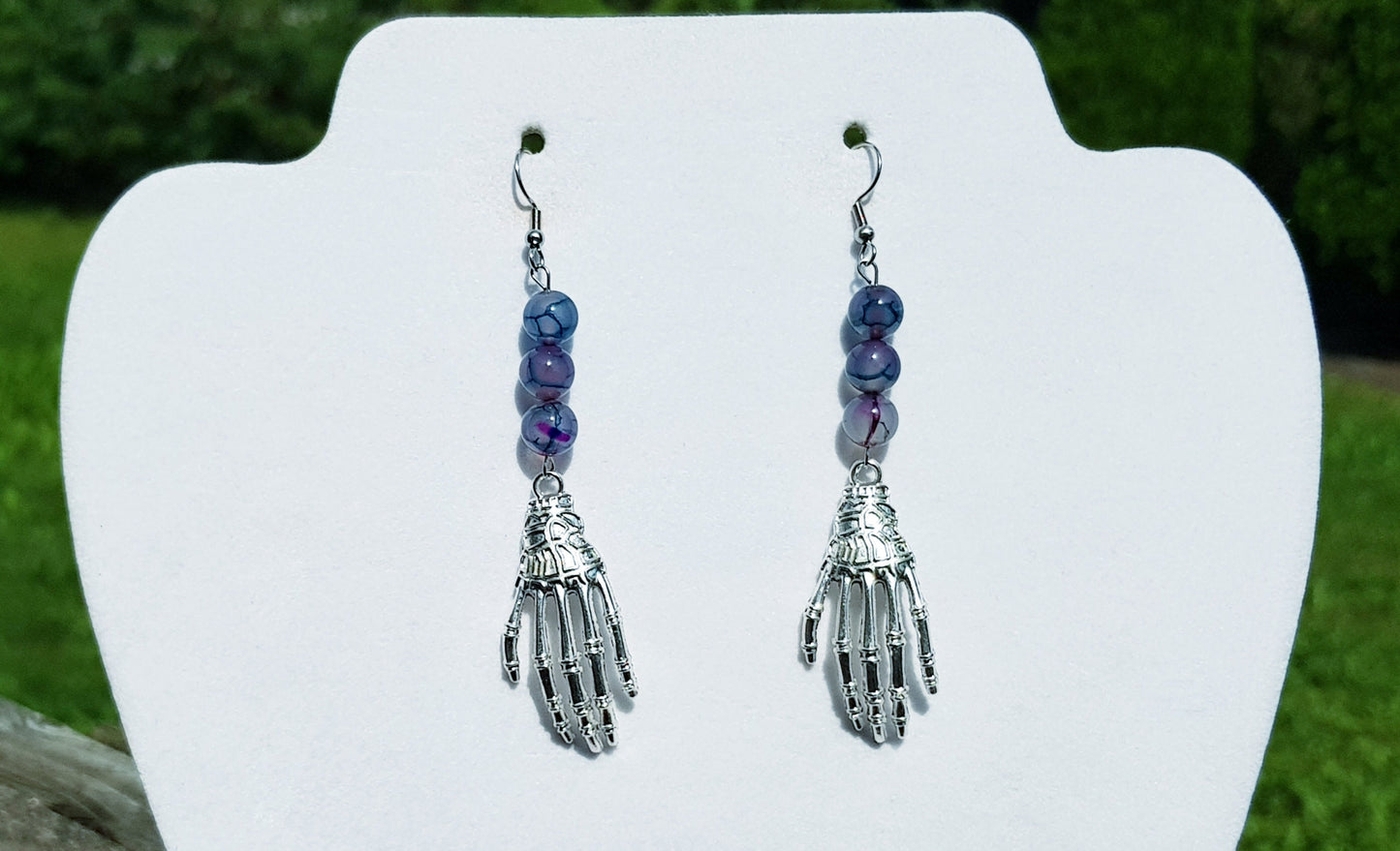 Gemstone Skeleton Hand Earrings, Hypoallergenic Handmade Gothic Halloween Earrings