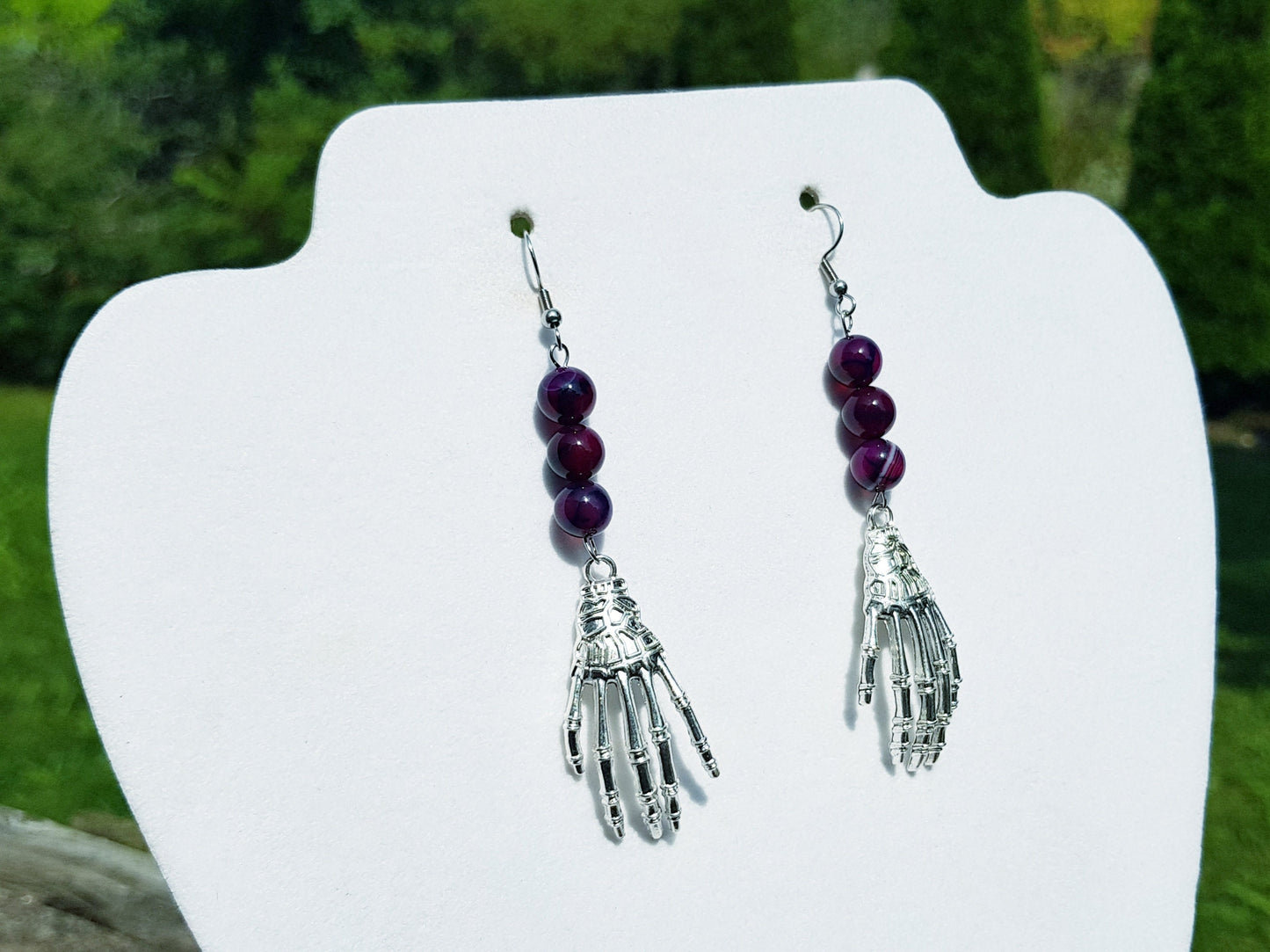 Gemstone Skeleton Hand Earrings, Hypoallergenic Handmade Gothic Halloween Earrings