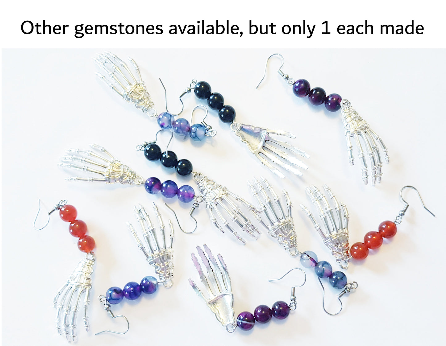 Gemstone Skeleton Hand Earrings, Hypoallergenic Handmade Gothic Halloween Earrings