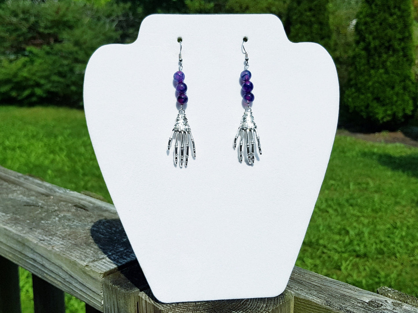 Gemstone Skeleton Hand Earrings, Hypoallergenic Handmade Gothic Halloween Earrings