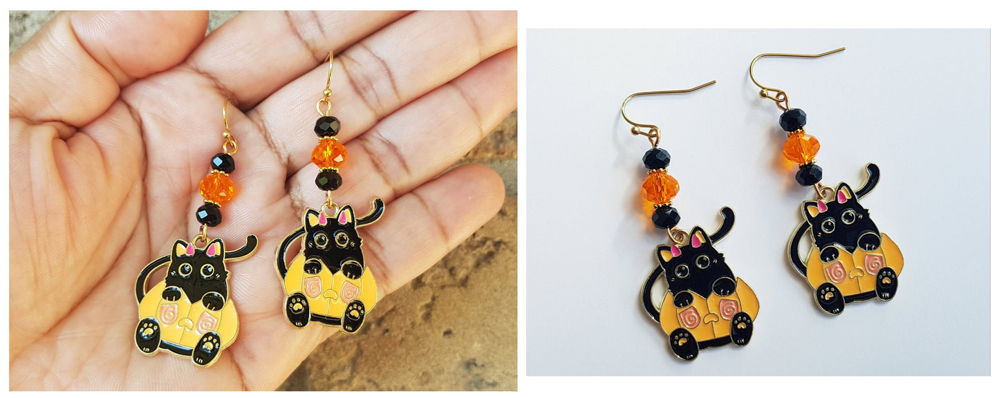 Black Cat Jack O Lantern Earrings - Hypoallergenic Halloween Gift - Pumpkin Earrings