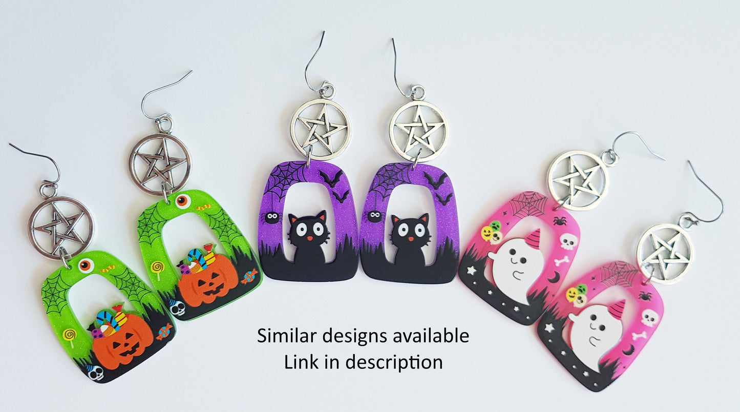 Lightweight, tarnish resistant and durable Halloween earrings in various colours. Hypoallergenic ear wires.