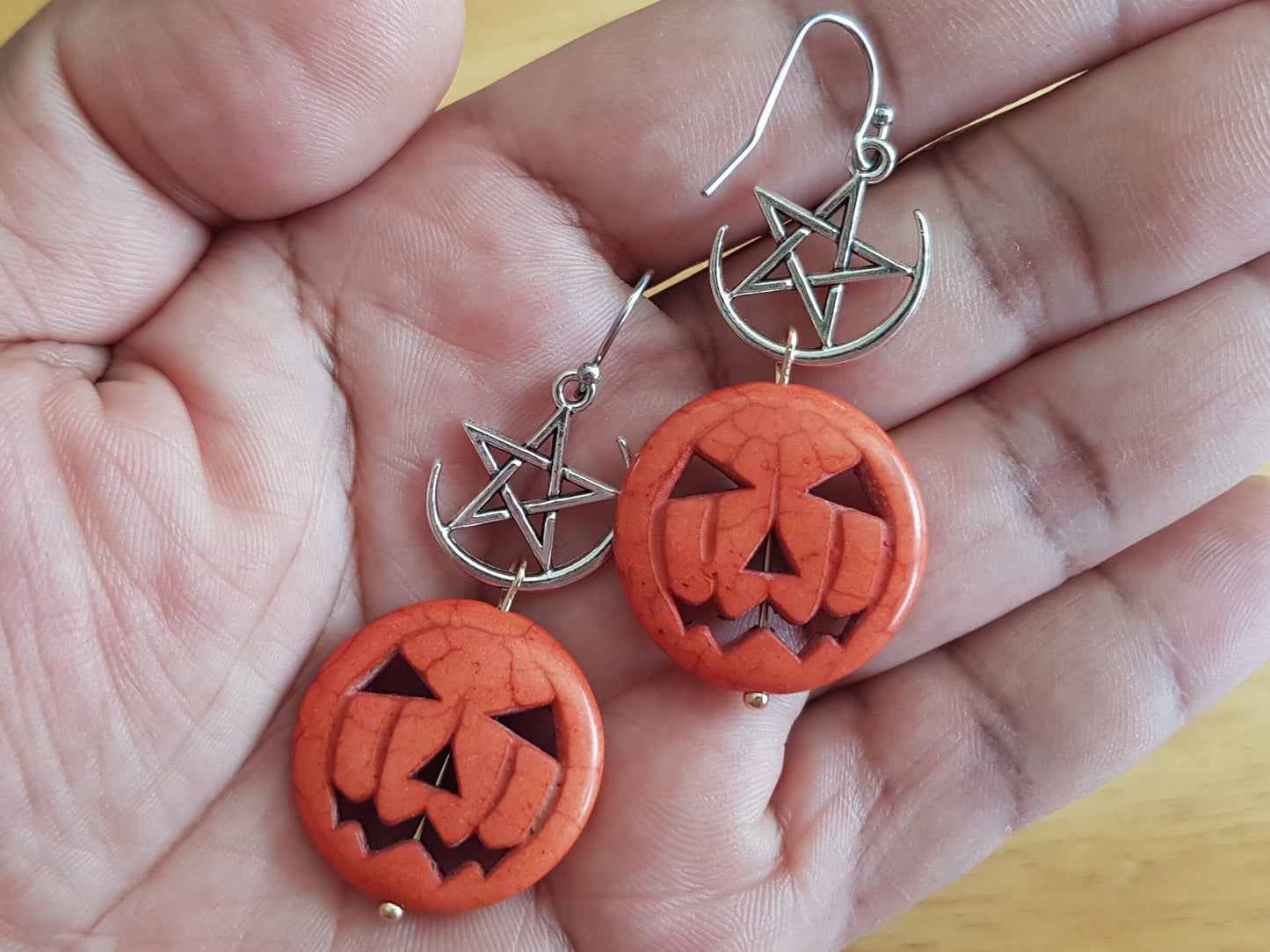 Jack O Lantern Earrings - Pentacle Pentagram Earrings - Hypoallergenic Handmade Halloween Earrings