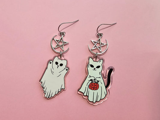 Hypoallergenic White Ghost Cat Earrings - Handmade Pentagram Earrings - Moon and Star Halloween Earrings