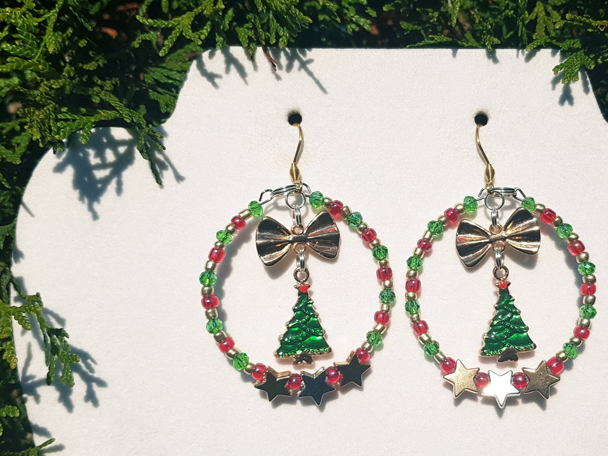 Christmas Tree Earrings, big hoop earrings with hypoallergenic ear wires.