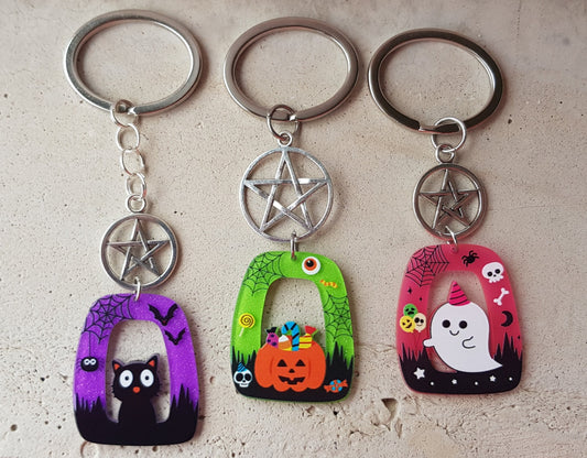 Pentagram Halloween Key Chain - Handmade Black Cat Key Chain, Jack-o'-lantern Key Chain, Ghost Key Chain