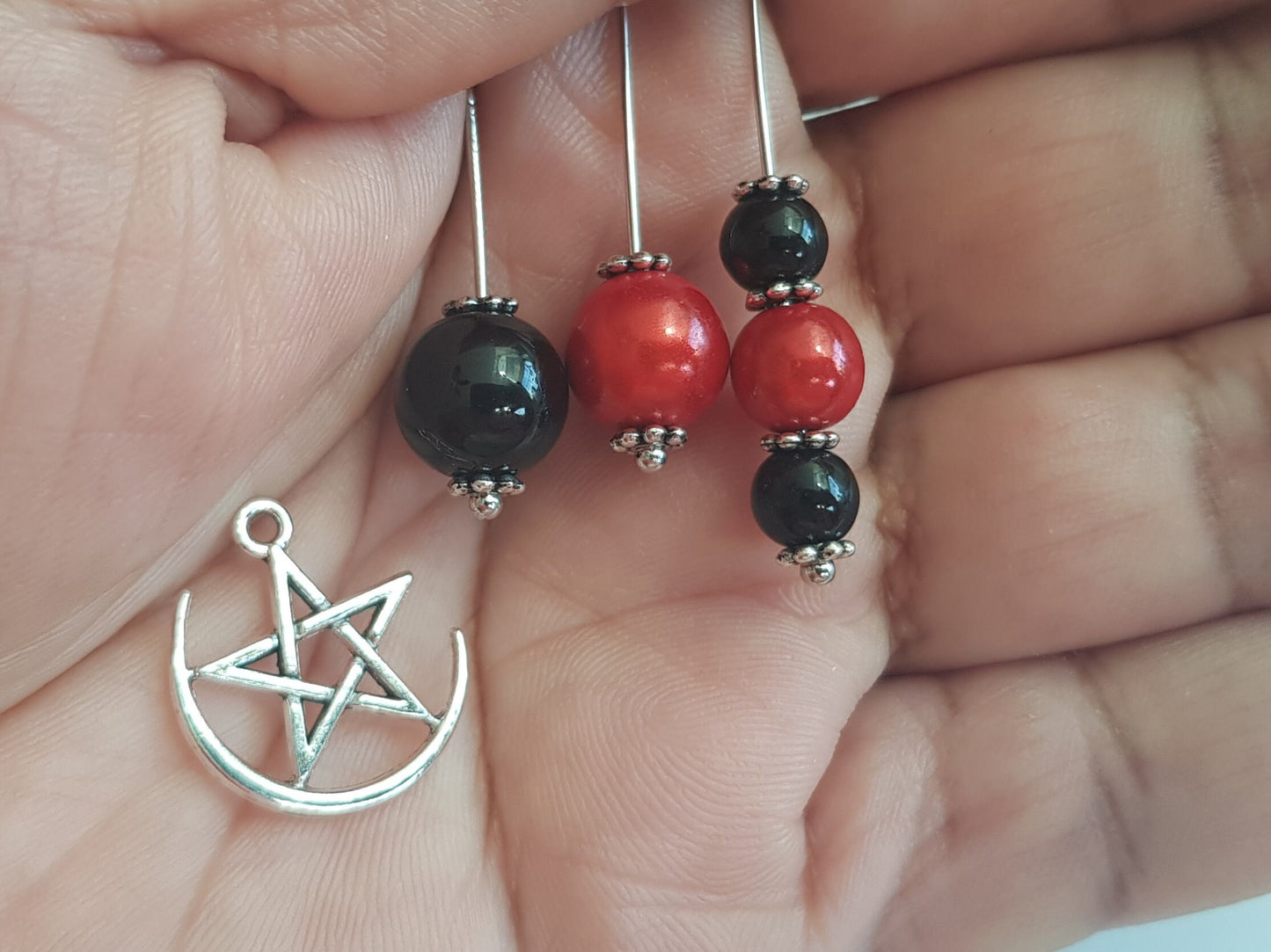 Mismatched Black Cat Earrings - Halloween Cat Earrings - Beaded or Pentagram Earrings - Witchy Earrings - Gothic Witchy Gifts -